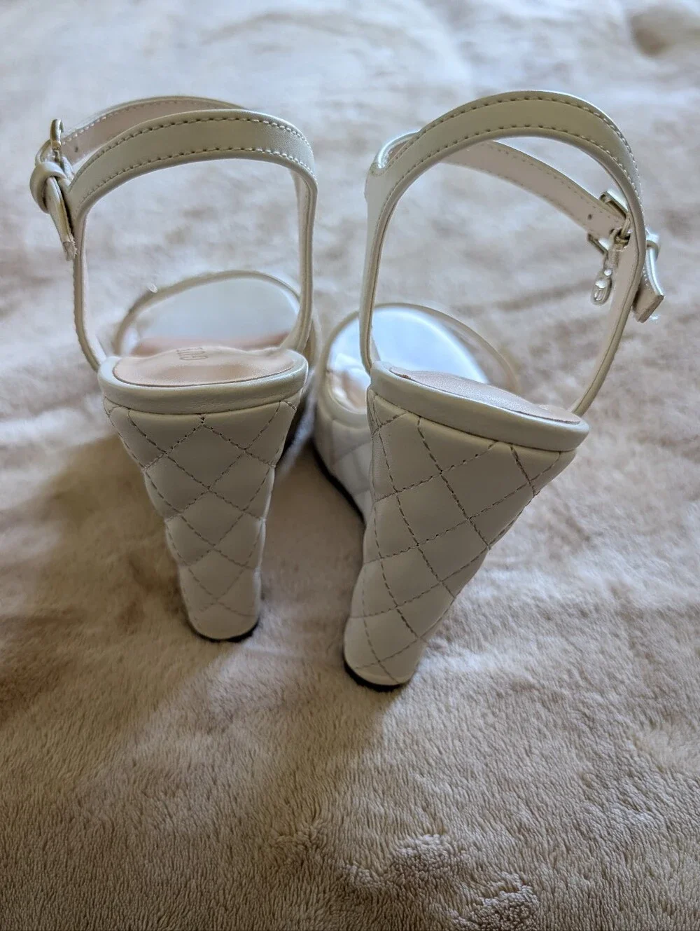 GUESS Women’s White Quilted Wedge Sandals with Ankle Strap